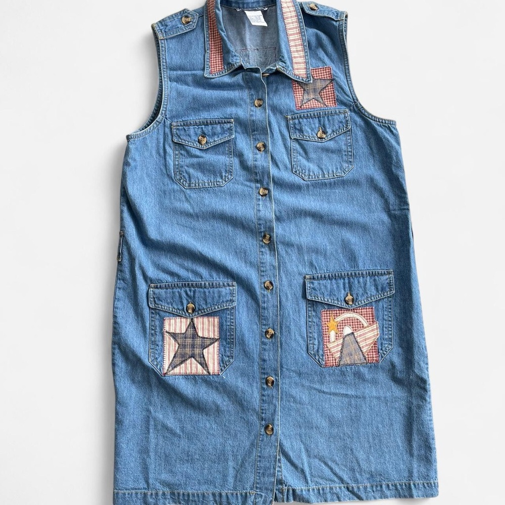 True Blue 90s Vintage Sleeveless Denim Jumper Dress Patchwork Country Stars